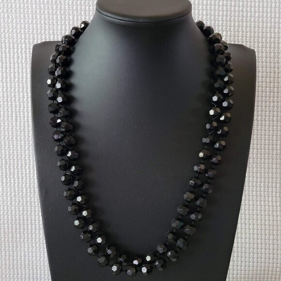 Faceted Black Plastic Bead Double Strand Necklace Large Rhinestone Box Clasp - Picture 1 of 5